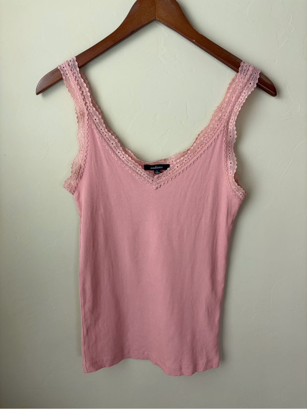 Ambiance Pink Lace Trim Soft Ribbed Layering Tank Top Size L Y2K feminine pretty